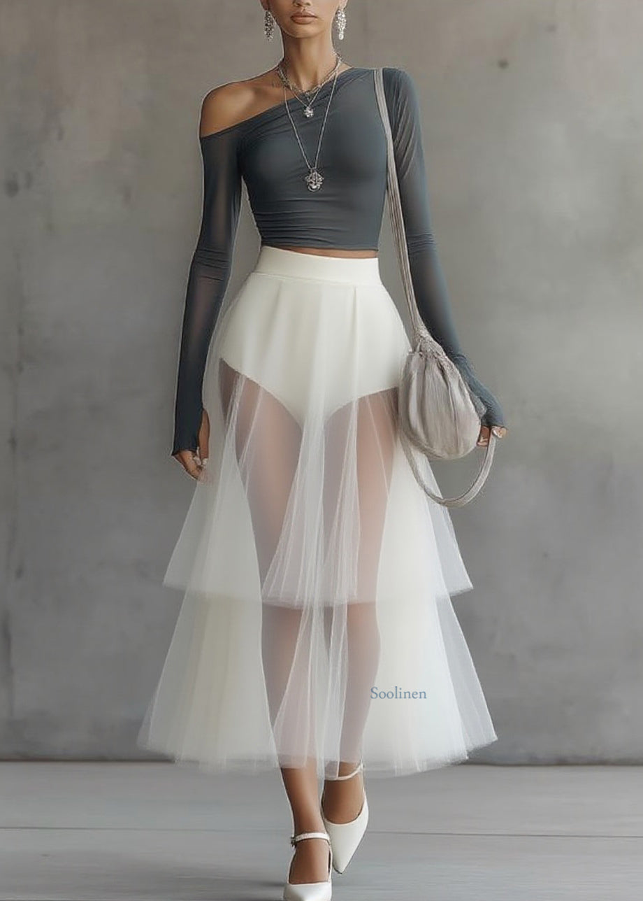 Slim Fit One Shoulder Top And Tulle Skirts Two Pieces Set Spring