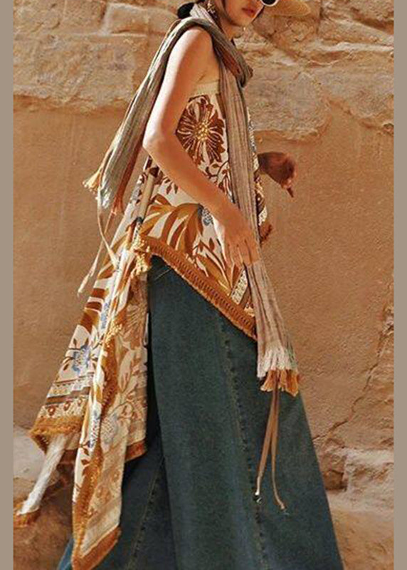Style Khaki Asymmetrical Print Tassel Top Sleeveless