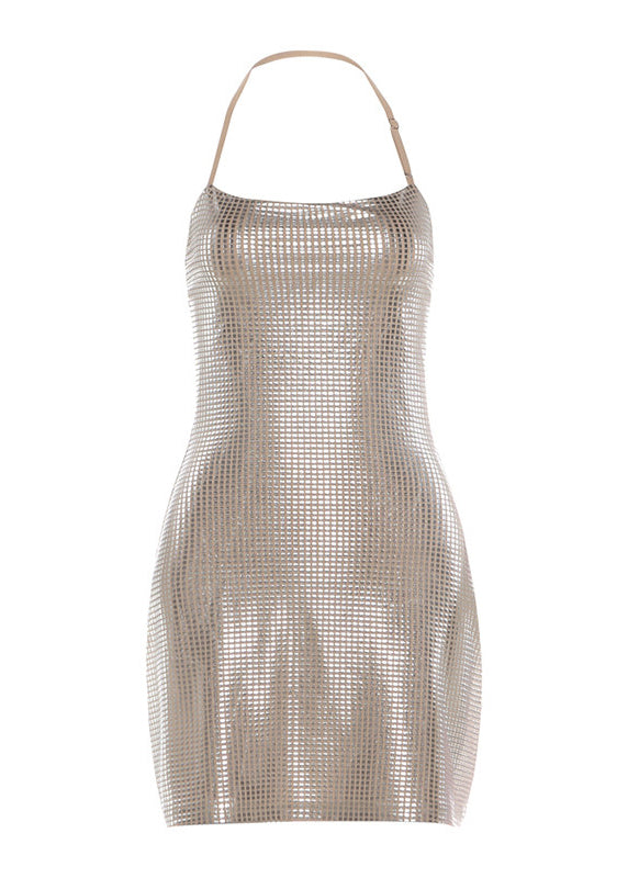 Style Khaki Rhinestone Cotton Mini Dress Summer
