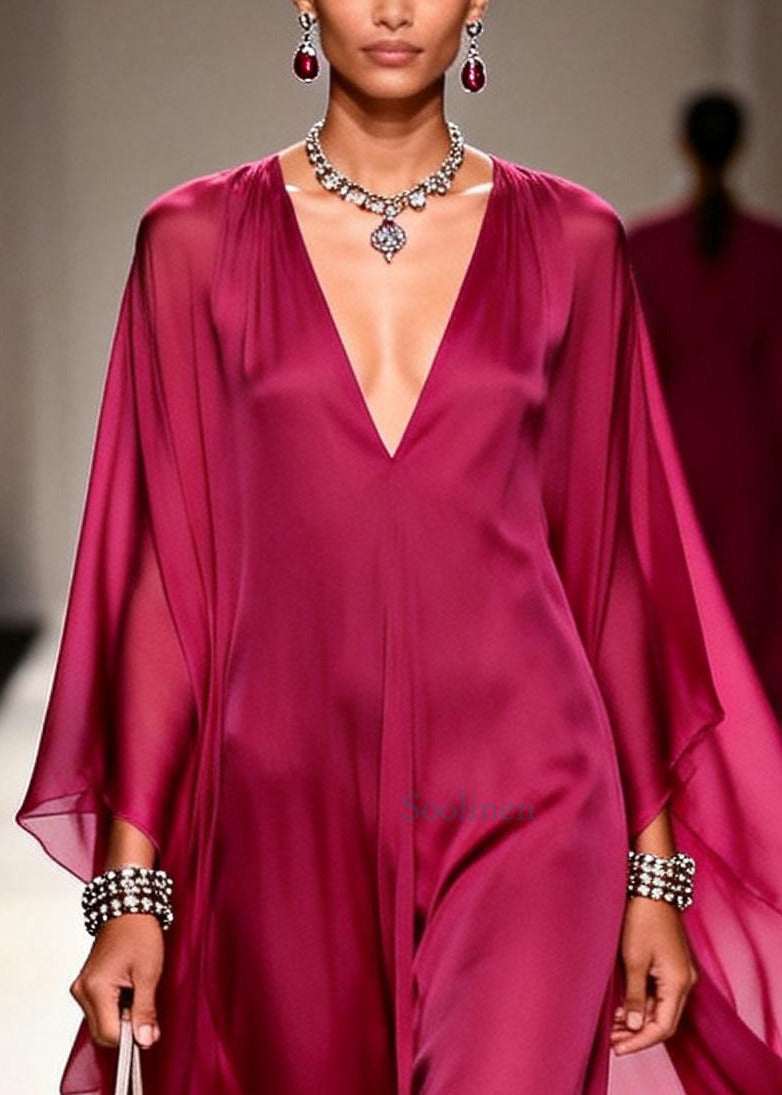 Style Mulberry V Neck Draping Chiffon Long Dresses Summer