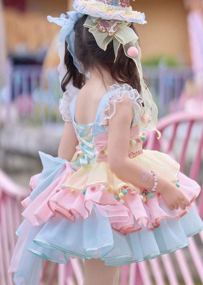 Style Rainbow Print Tassel Tulle Kids Mid Spaghetti Strap Dress Sleeveless