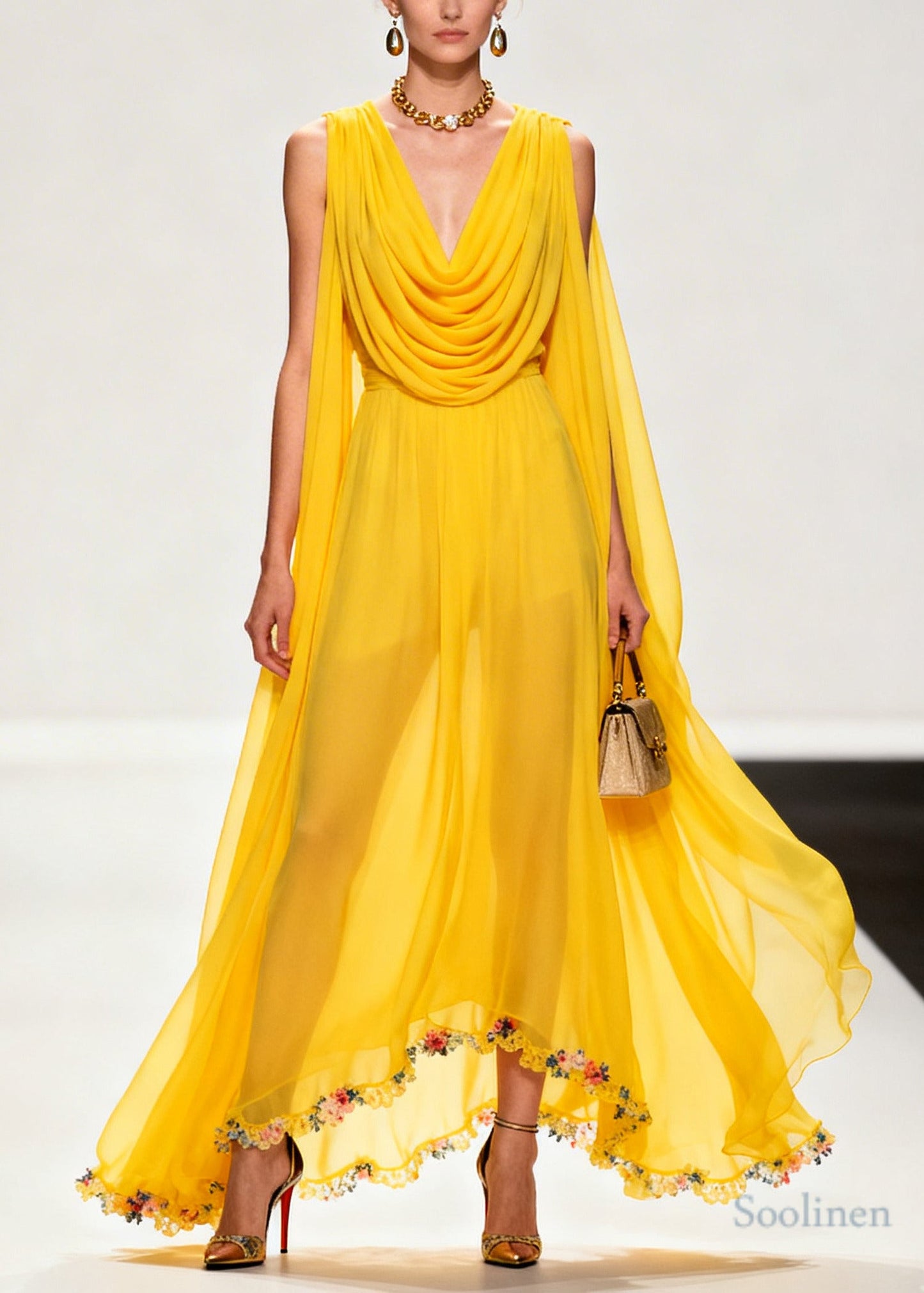 Style Yellow Turtle Neck Exra Large Hem Flower Chiffon Dresses Sleeveless
