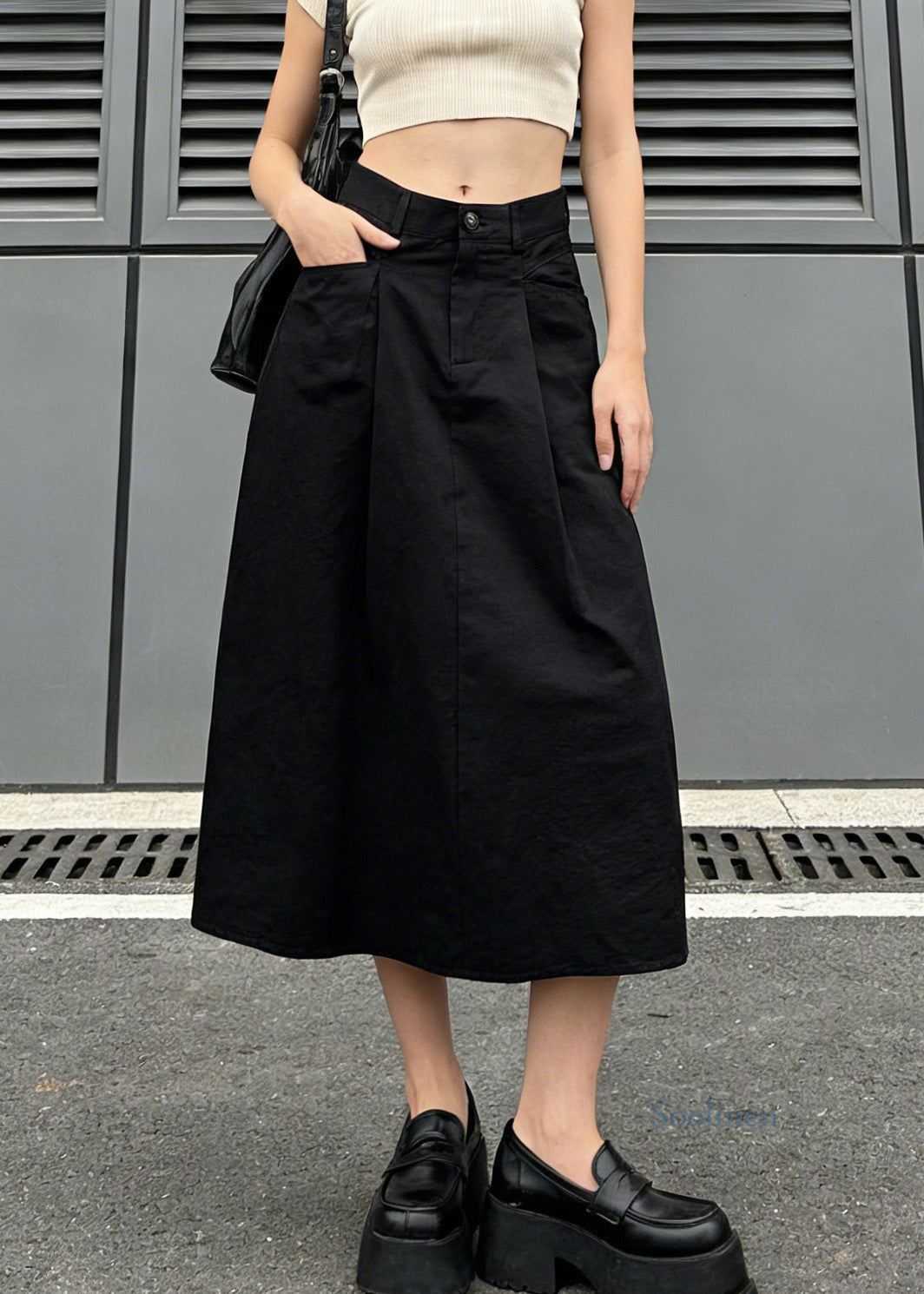 Stylish Black Pockets Wrinkled Denim Skirt Spring