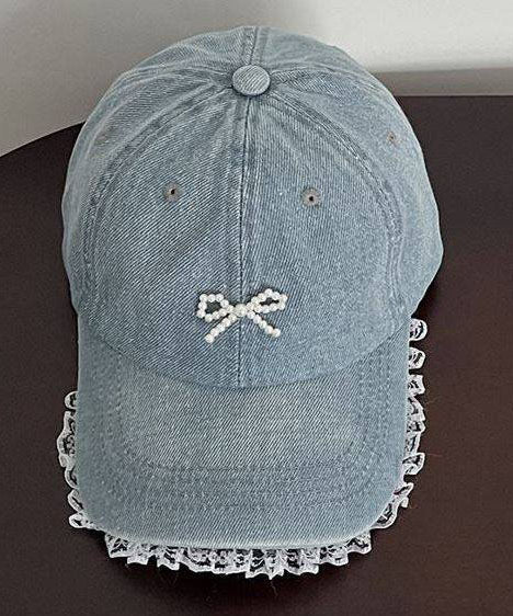 Stylish Blue Lace Patchwork Pearl Bow Baseball Cap Hat
