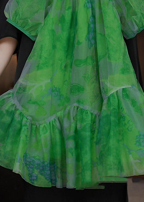 Stylish Green O-Neck Patchwork Tulle Girls Vacation Long Dresses Summer