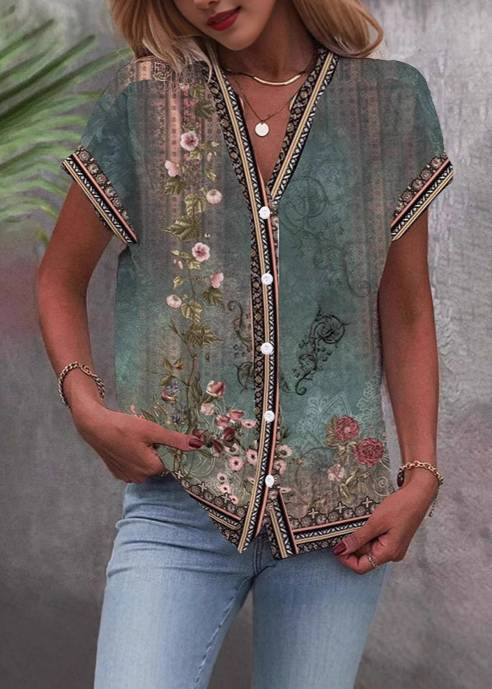 Stylish Green V Neck Print Chiffon Shirt Top Summer