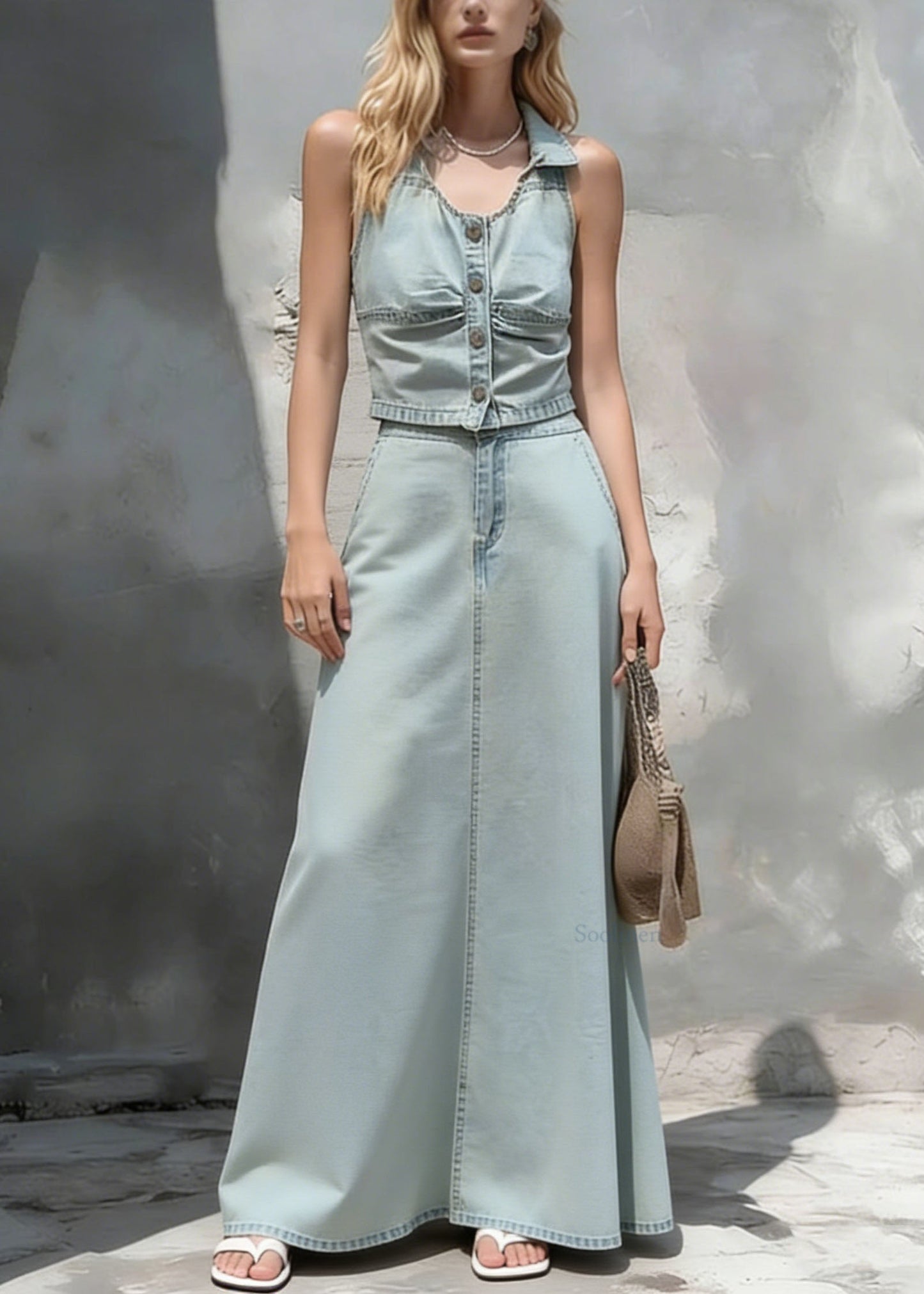 Stylish Light Blue Top And Skirts Denim Two Pieces Set Summer