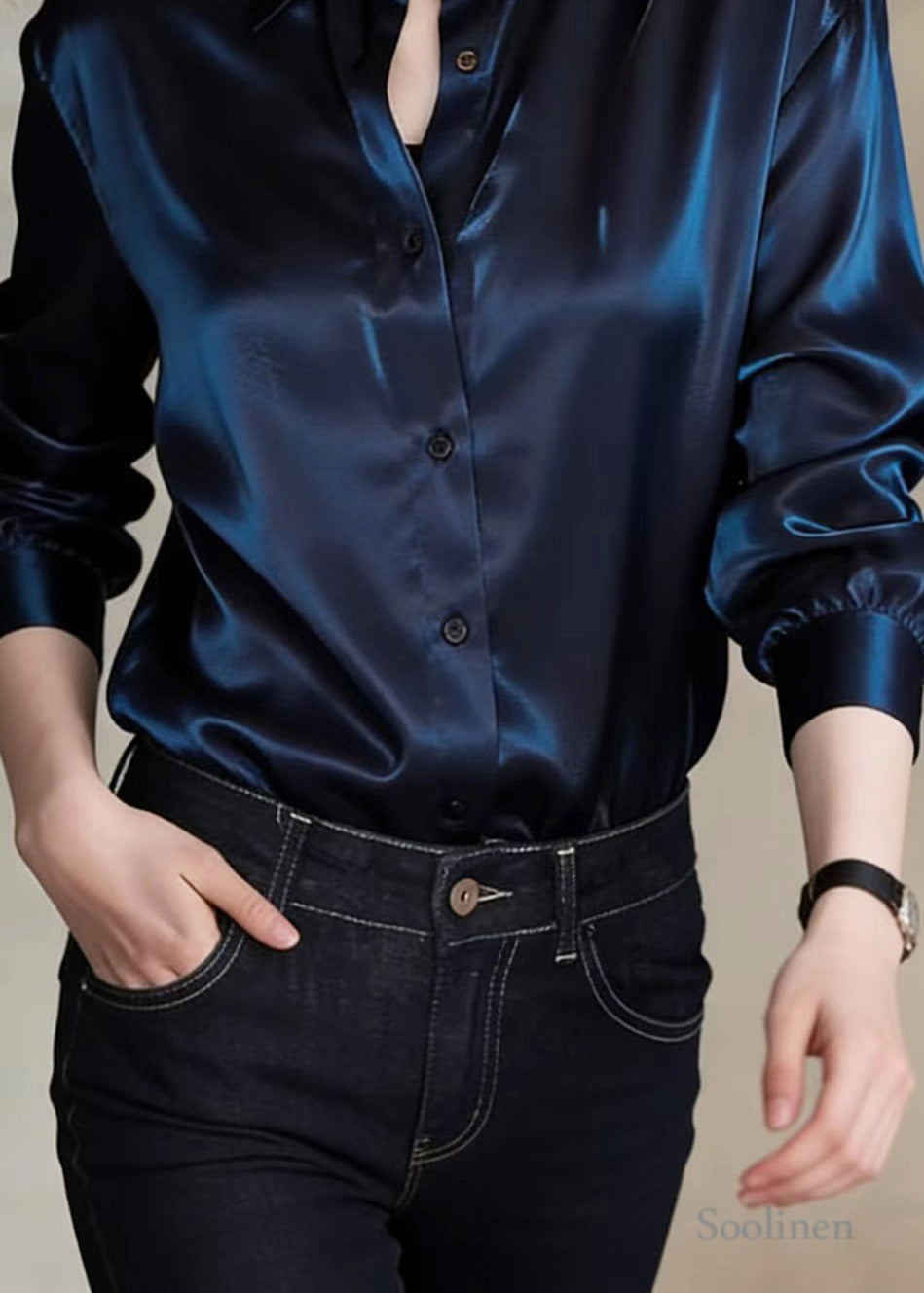 Stylish Navy Peter Pan Collar Draping Silk Shirt Top Spring
