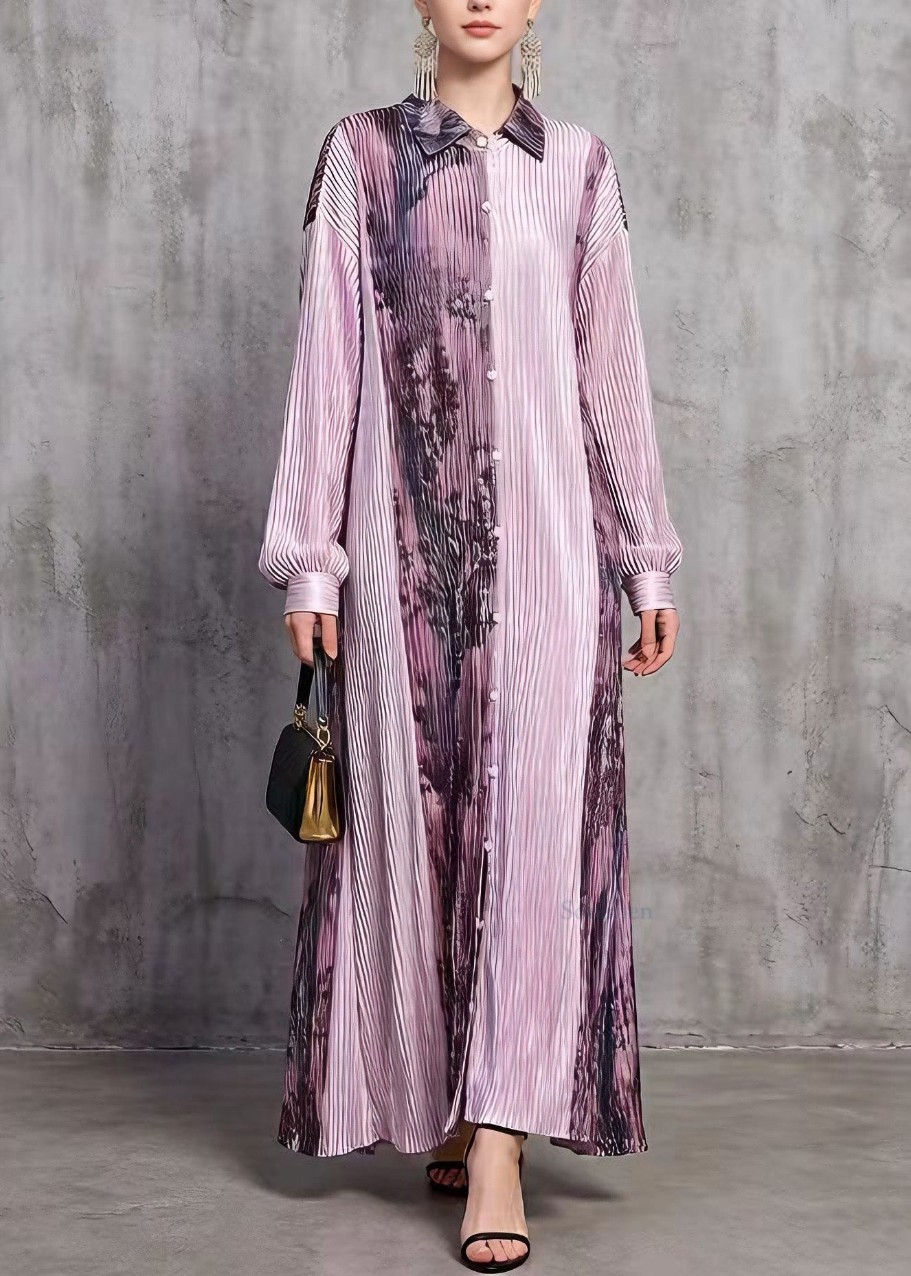 Stylish Purple Peter Pan Collar Print Wrinkled Silk Long Dresses Spring