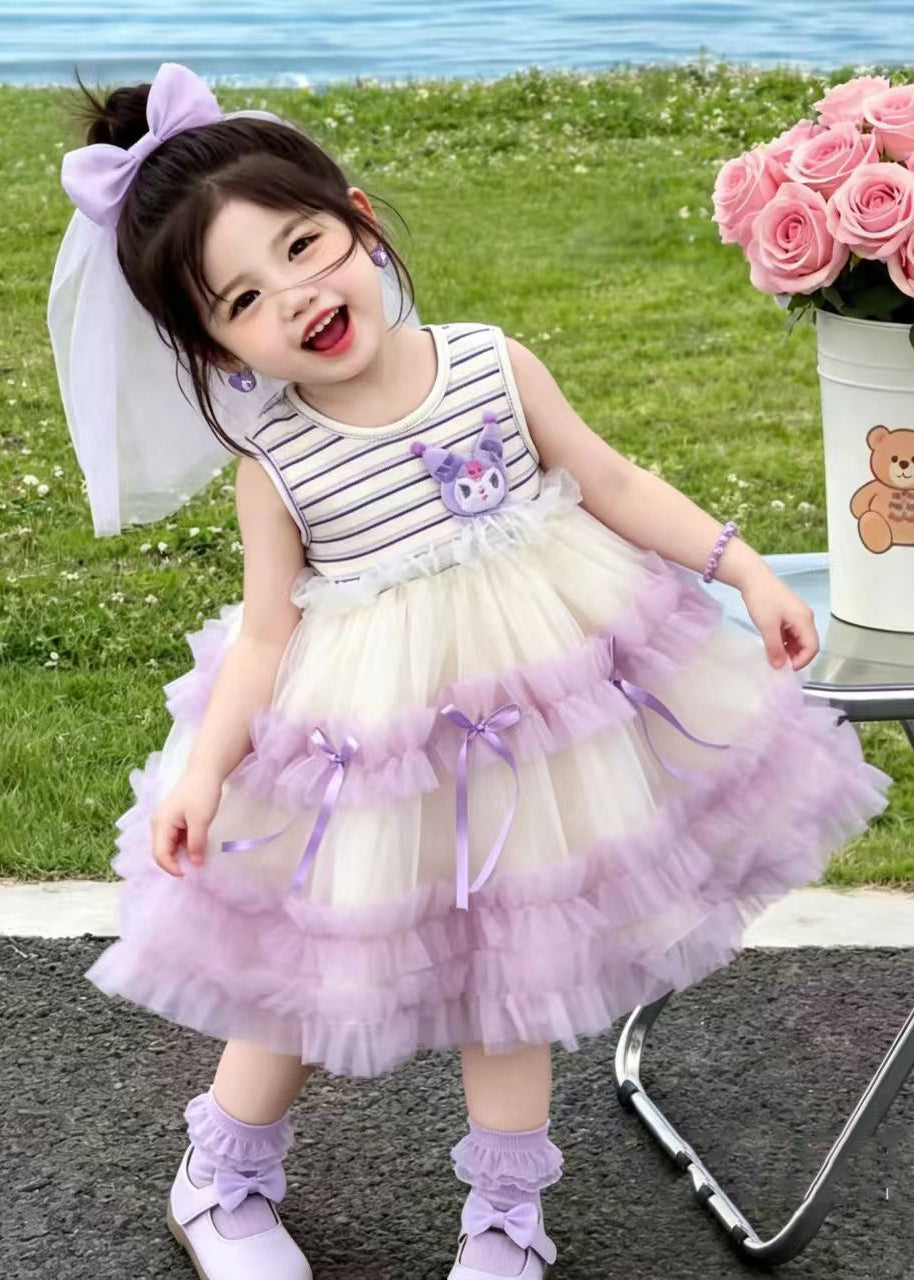 Stylish Purple Striped Patchwork Tulle Kids Girls Kuromi Dresses Summer