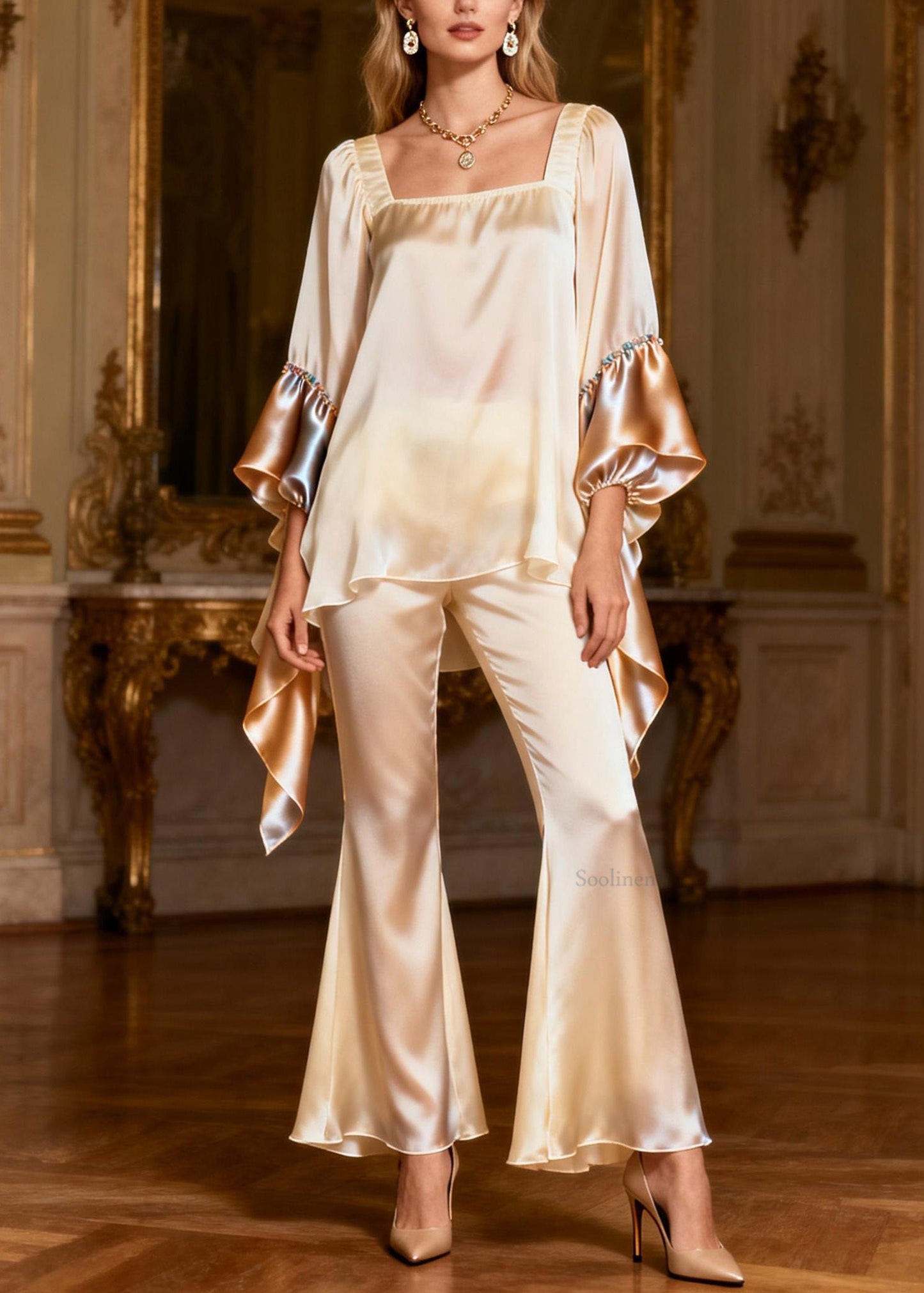 Stylish Square Collar Patchwork Silk Two Pieces Set Spring
