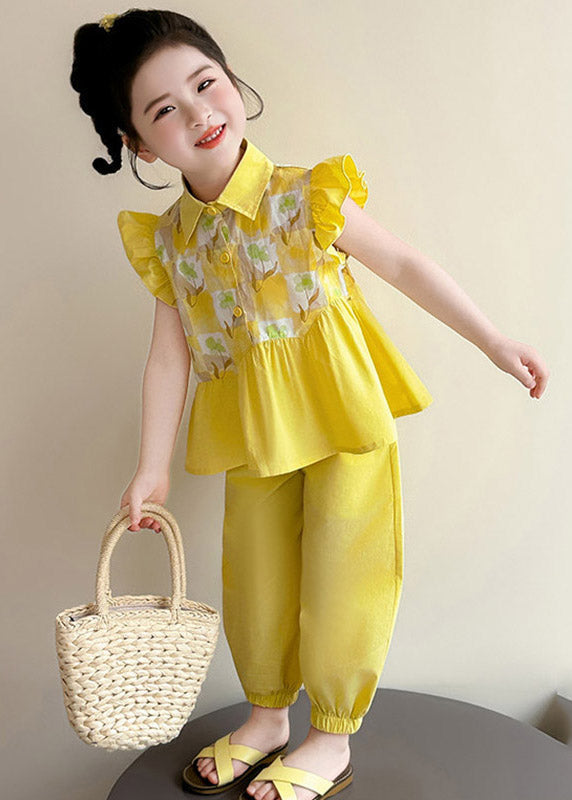 Stylish Yellow Peter Pan Collar Print Girls Top And Crop Pants Two Pieces Set Summer