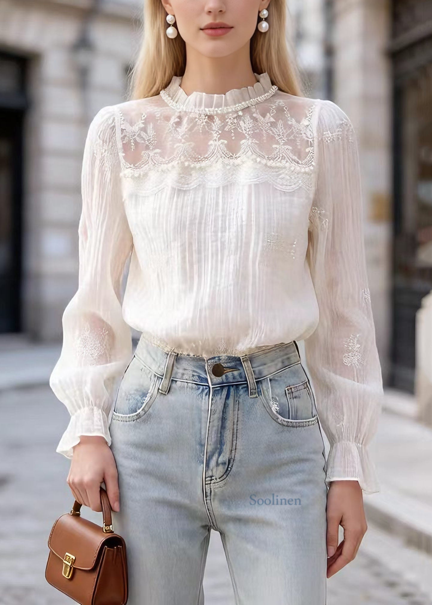 Unique Apricot Lace Nail Bead Patchwork Cotton Blouses Flare Sleeve
