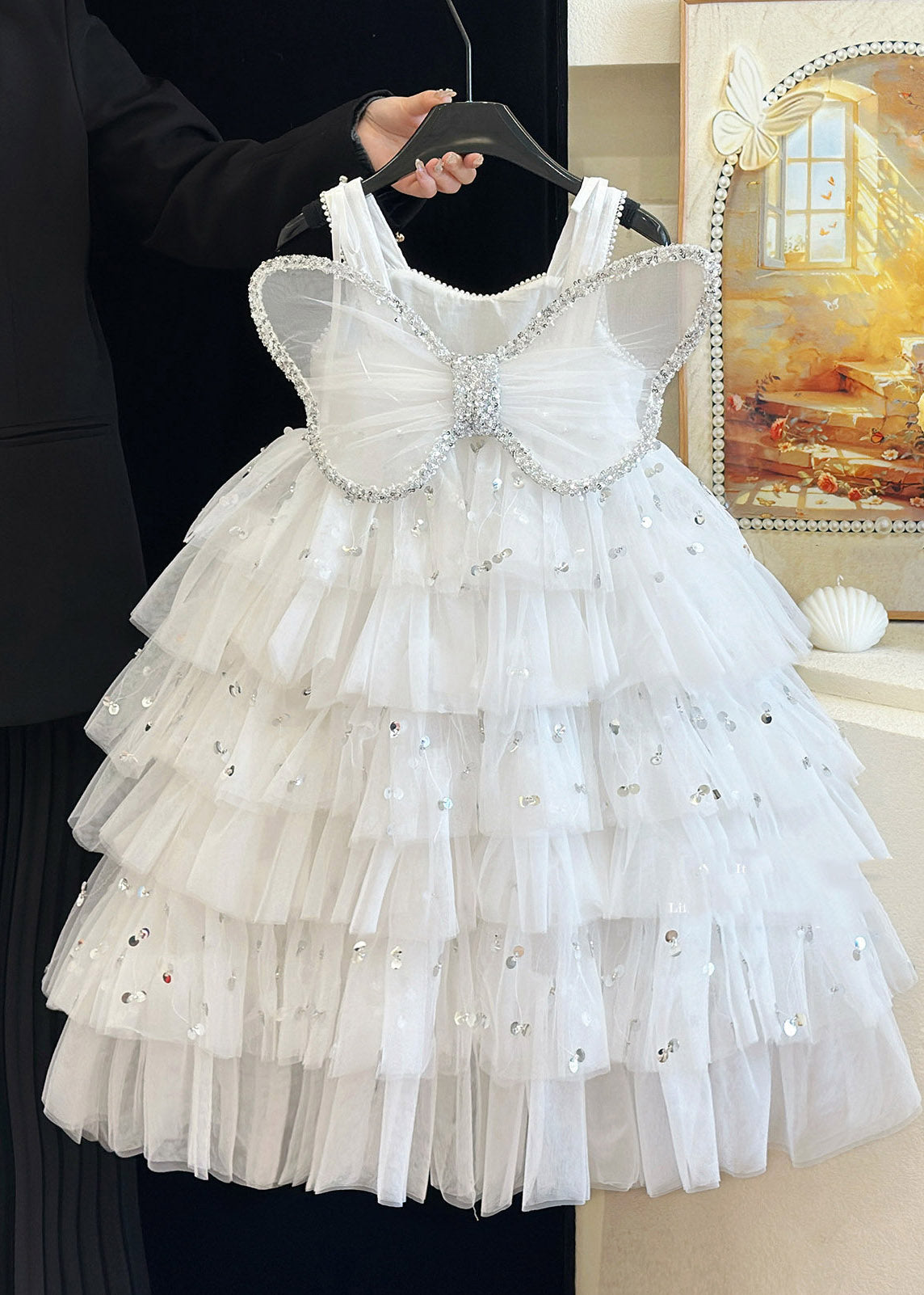Unique Apricot Wing Sequins Patchwork Tulle Girls Long Dresses Summer