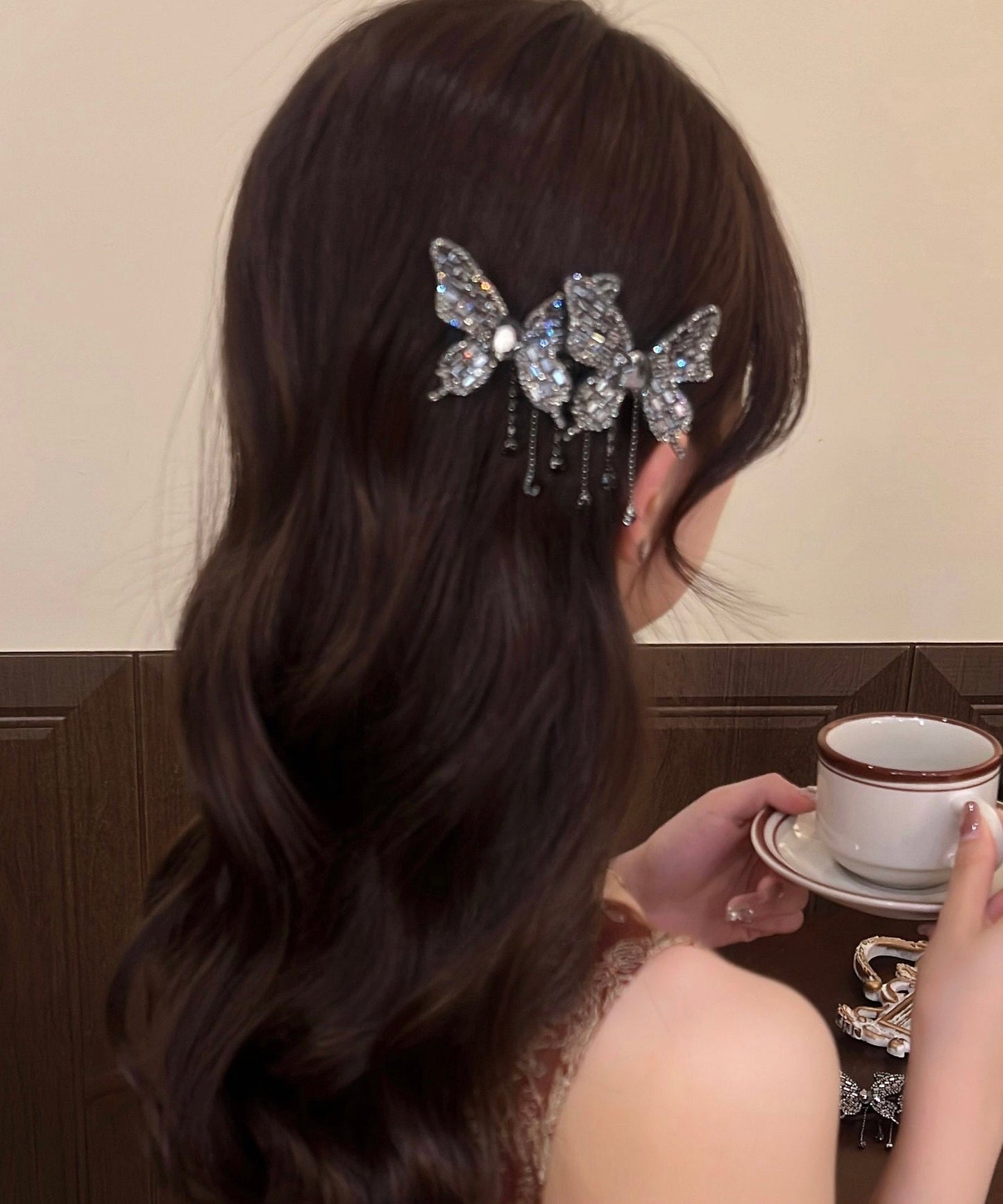 Unique Black Alloy Zircon Butterfly Tassel A Pair Hairpin