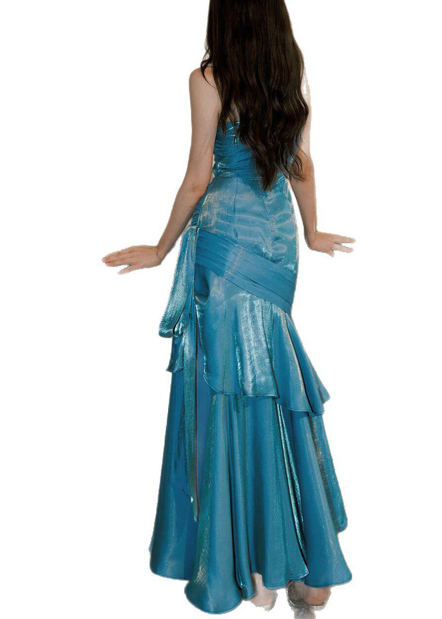 Unique Blue Ruffled Long Spaghetti Strap Dress Dresses Sleeveless