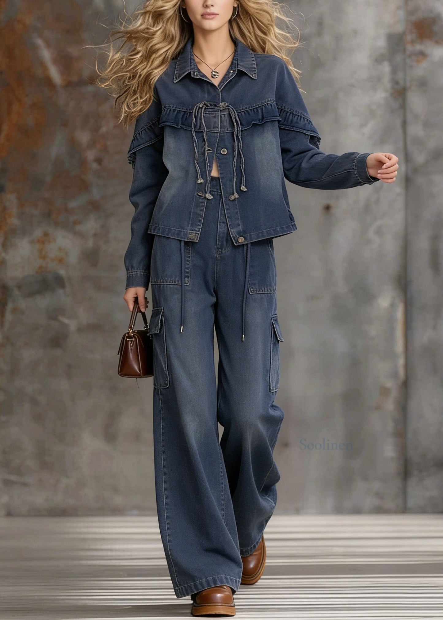 Unique Blue Ruffled Pockets Patchwork Denim Two Pieces Set Spring