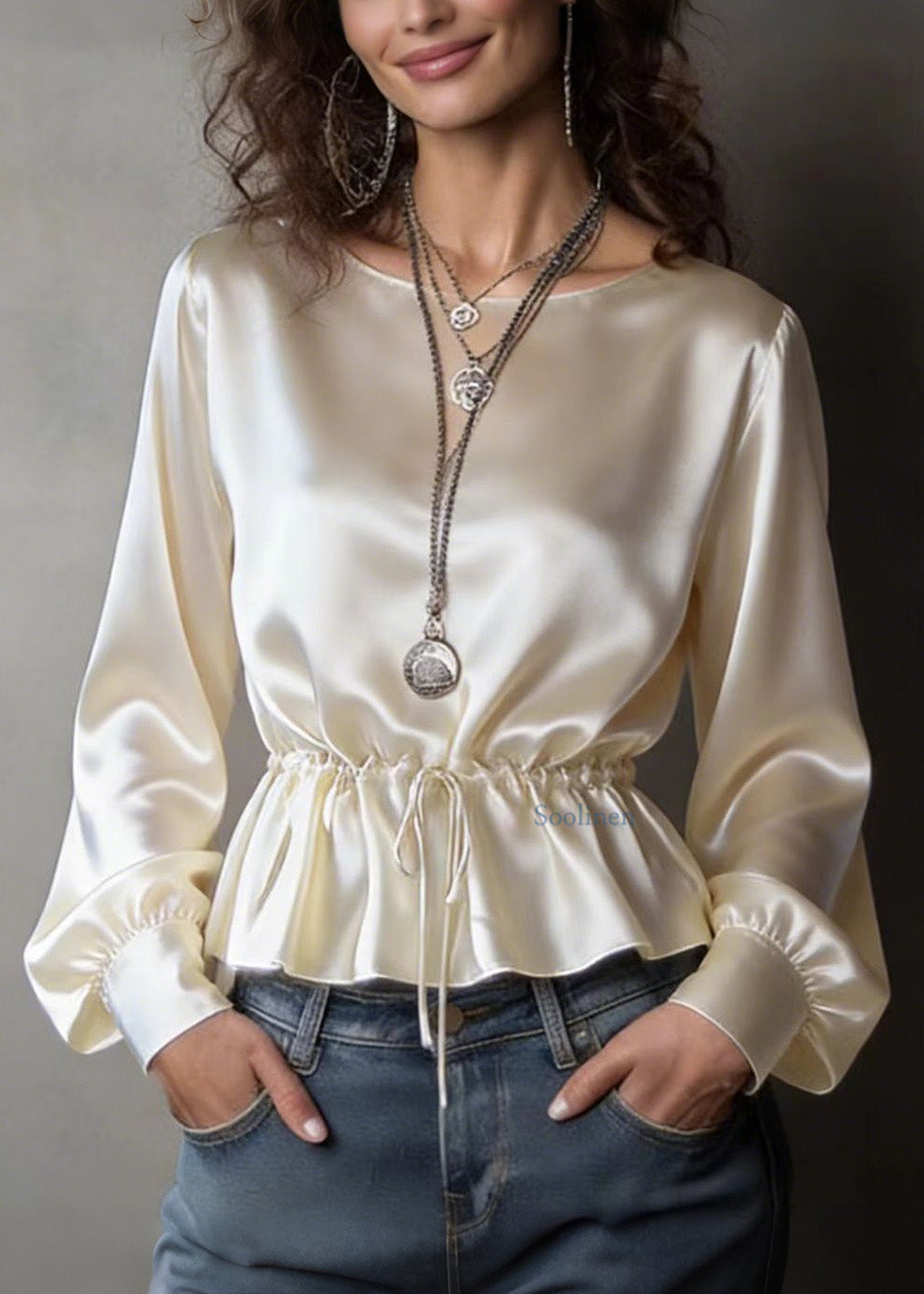 Unique Champagne O Neck Drawstring Silk Top Spring