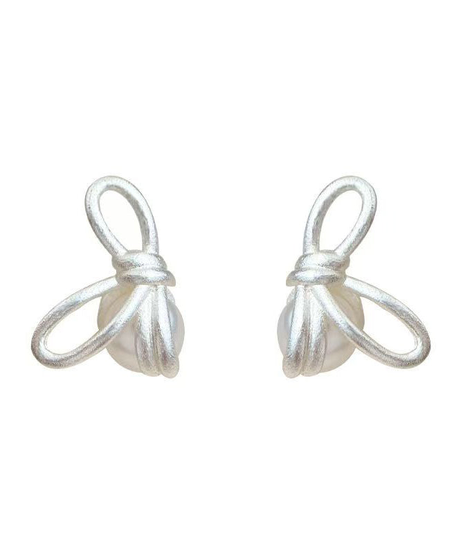 Unique Copper Overgild Bow Pearl Stud Earrings