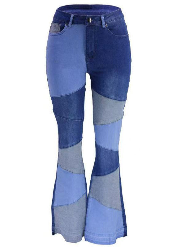 Unique Denim Blue High Waist Patchwork Flared Pants Summer