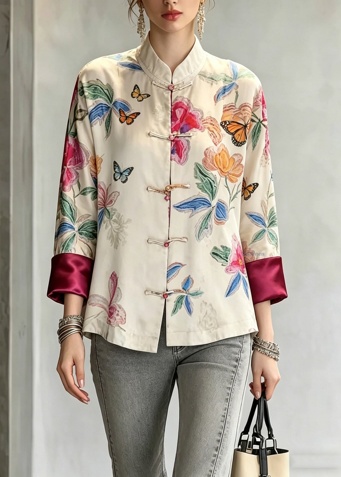Vintage Beige Stand Collar Button Shirts Fall