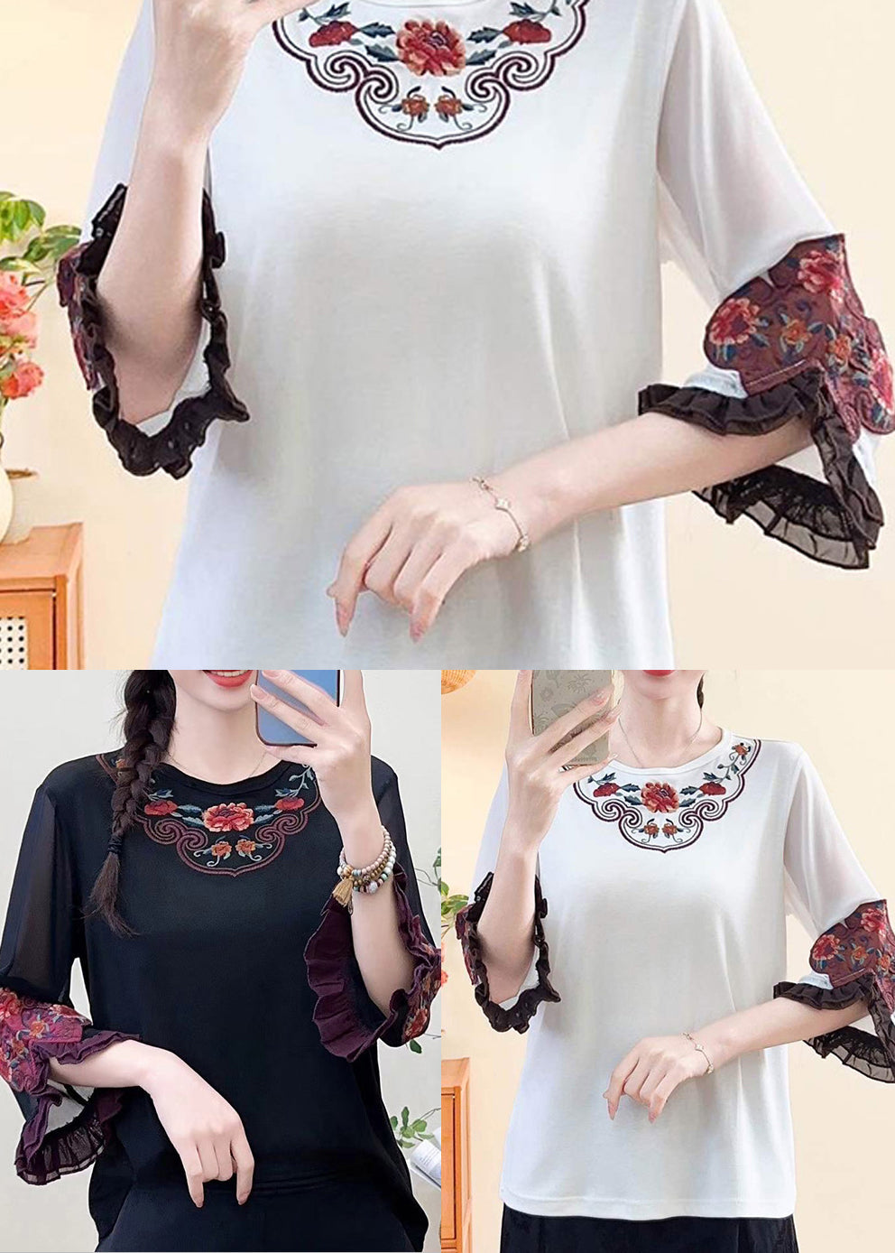 Vintage Black Embroidered Floral Cotton Shirt Tops Bracelet Sleeve