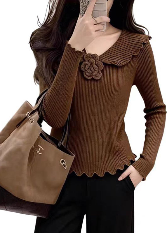 Vintage Coffee Peter Pan Collar Floral Solid Cotton Knit Sweater Spring