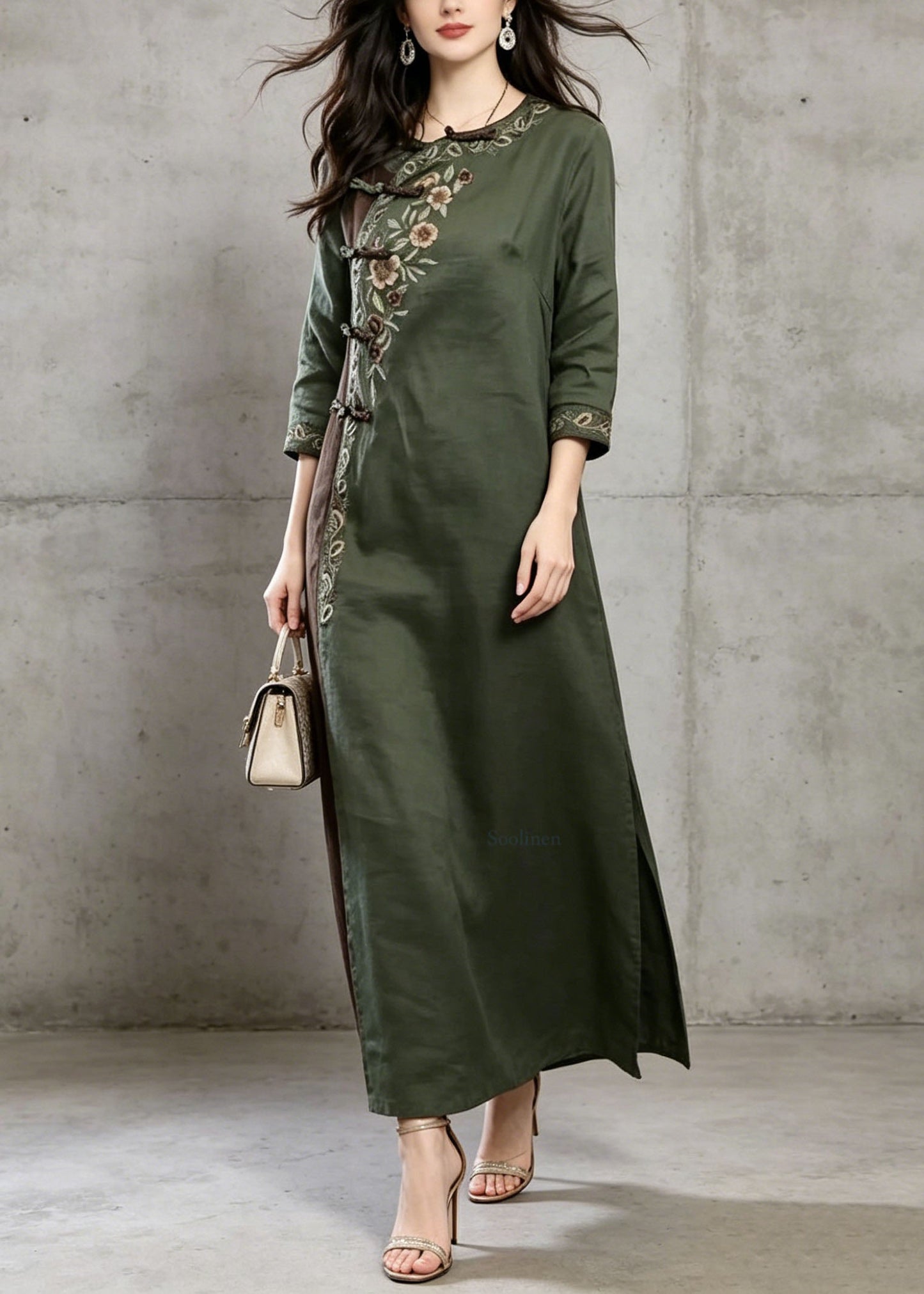 Vintage Green Embroidered Chinese Button Cotton Dress Summer