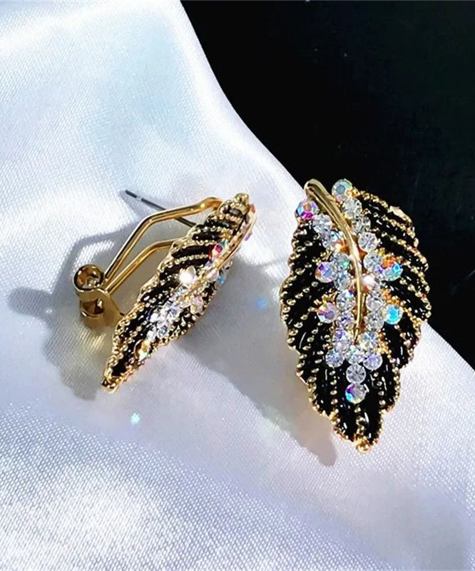 Vogue Black Copper Zircon Leaf Stud Earrings