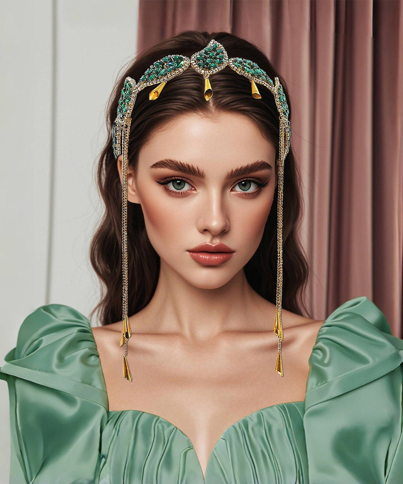 Vogue Green Alloy Zircon Leaf Tassel HairPiece