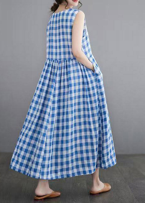 Women Blue Plaid Patchwork Maxi Dresses Sleeveless