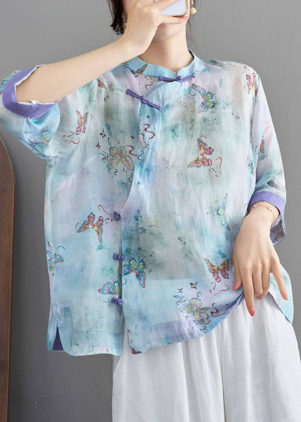 Women Blue Stand Collar Print Chinese Button Linen Shirt Summer