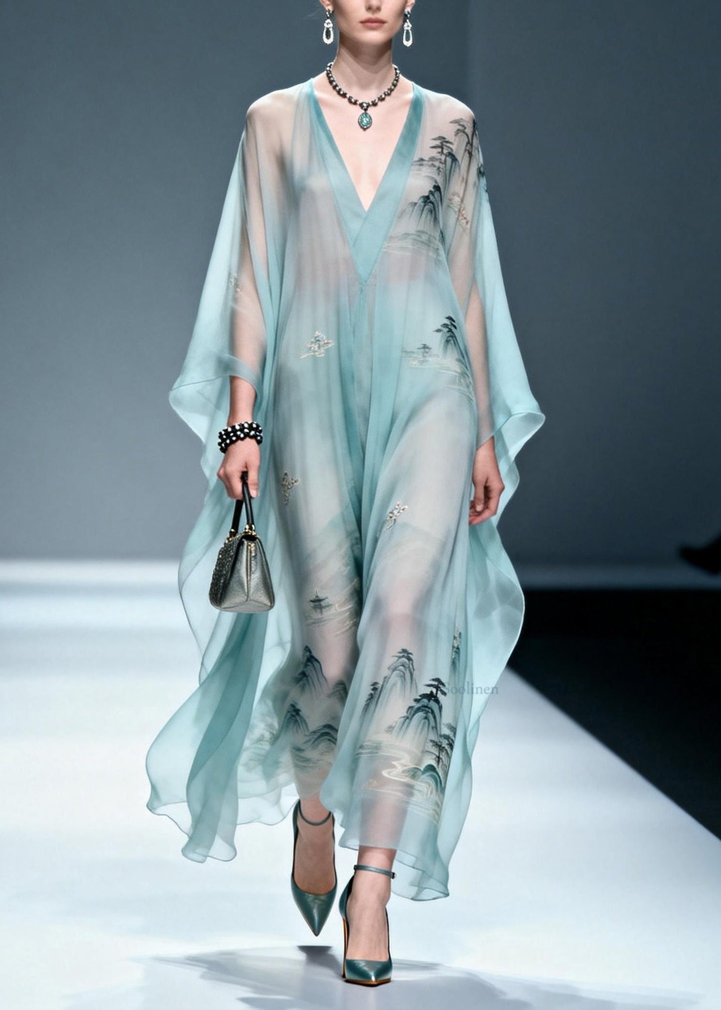Women Blue V Neck Print Chiffon Long Dress Spring