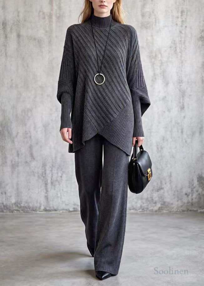Women Charcoal Grey Oversized Knit Two Piece Set Batwing Sleeve