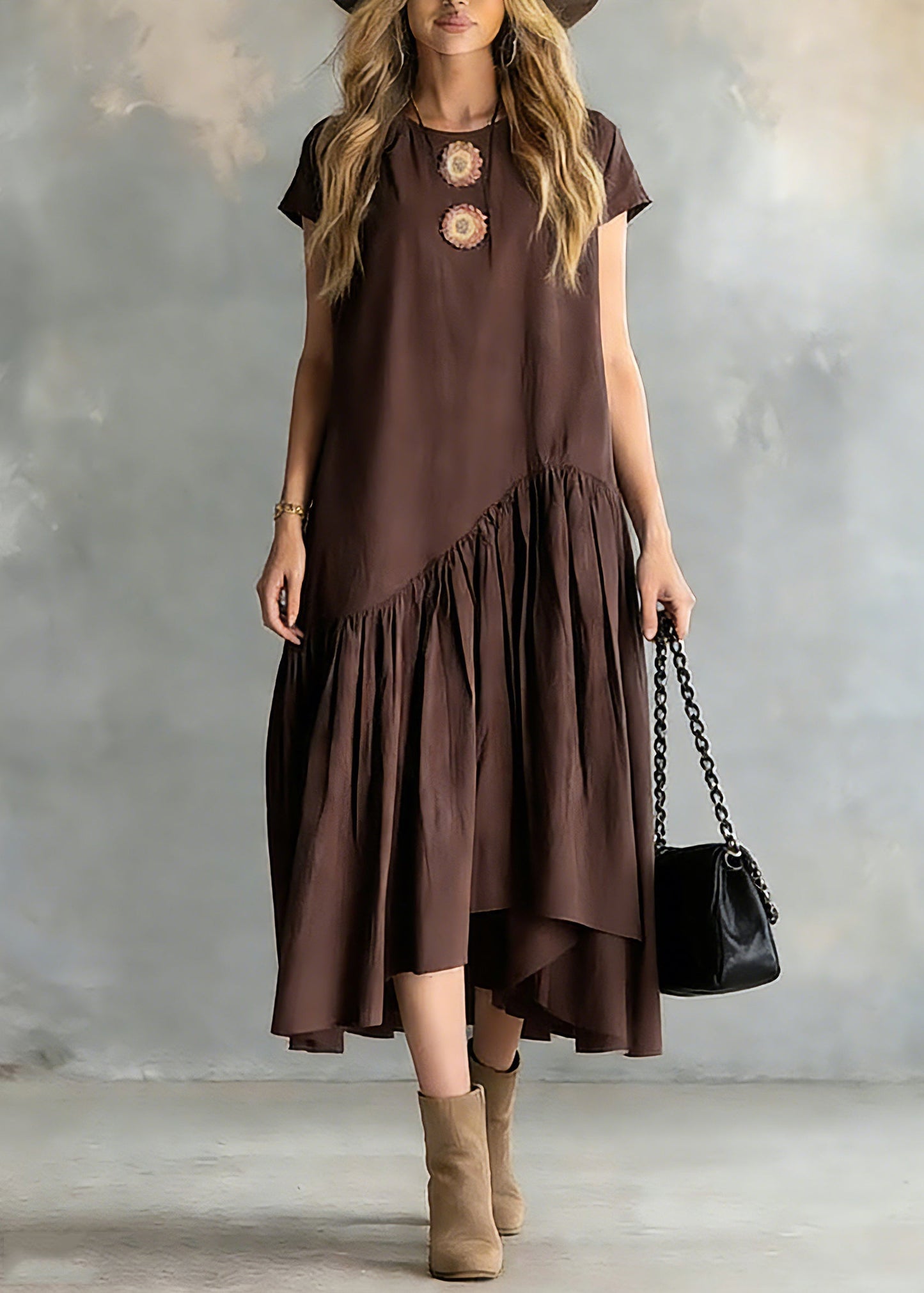 Women Coffee O-Neck Wrinkled Patchwork Long Dresses Short Sleeve
