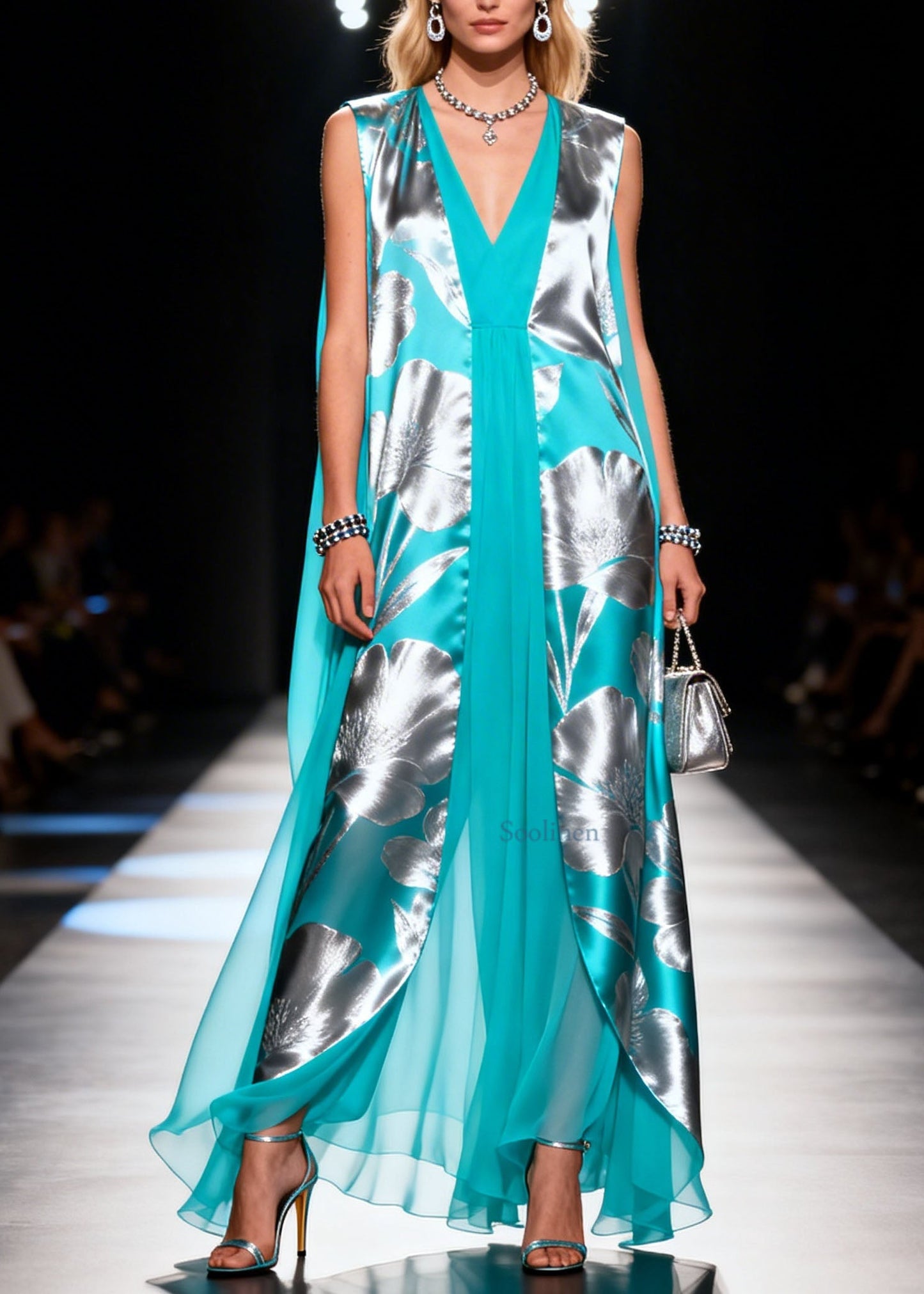 Women Colorblock V Neck Print Chiffon Dresses Sleeveless