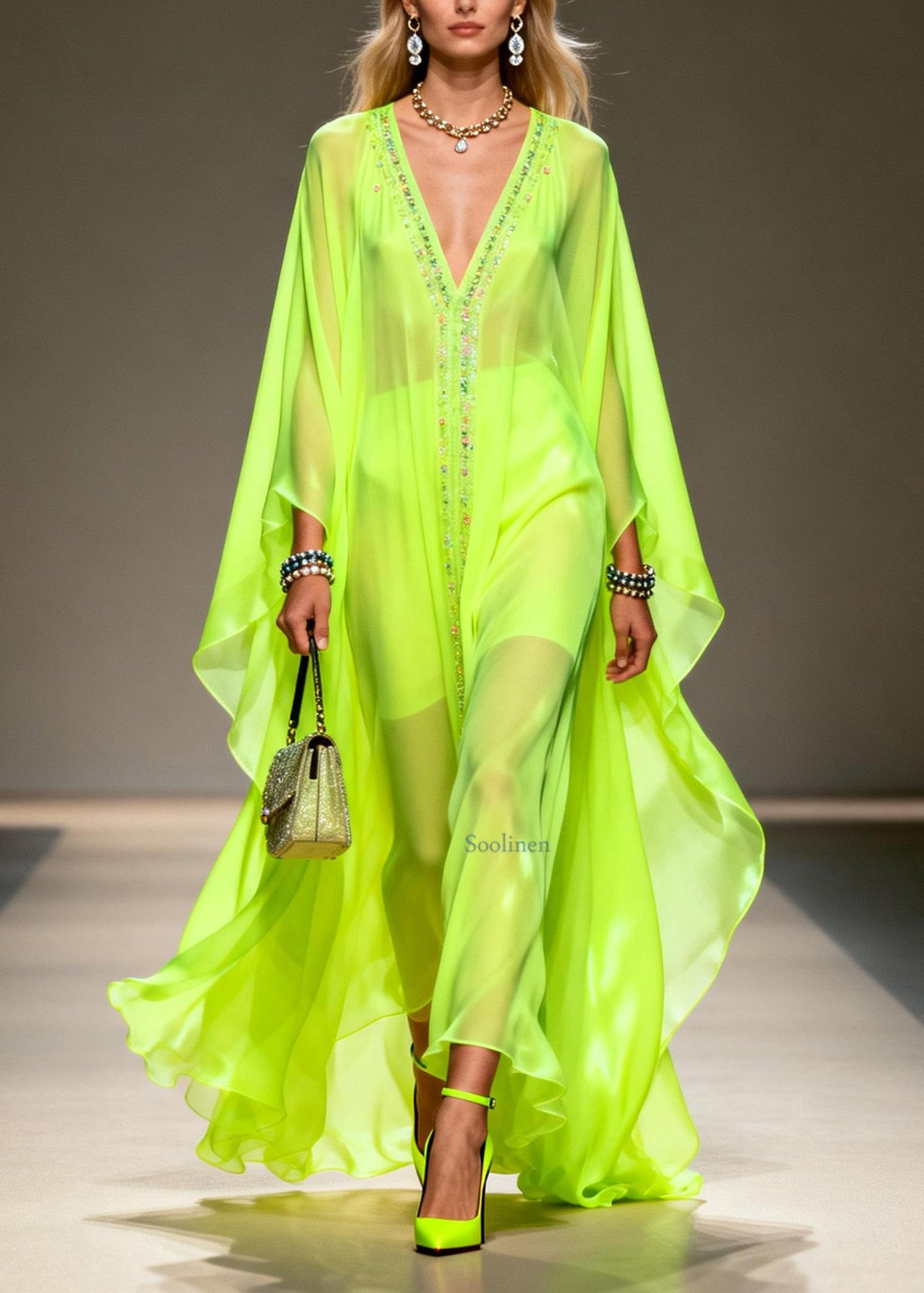 Women Fluorescent Green V Neck Zircon Chiffon Robe Dresses Summer