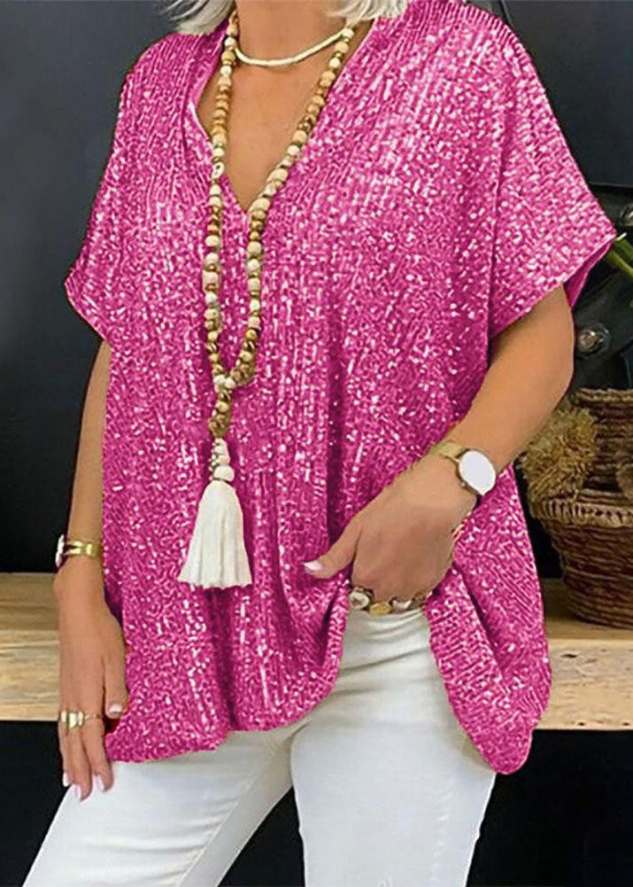 Women Gold V Neck Sequins Plus Size Tops Summer