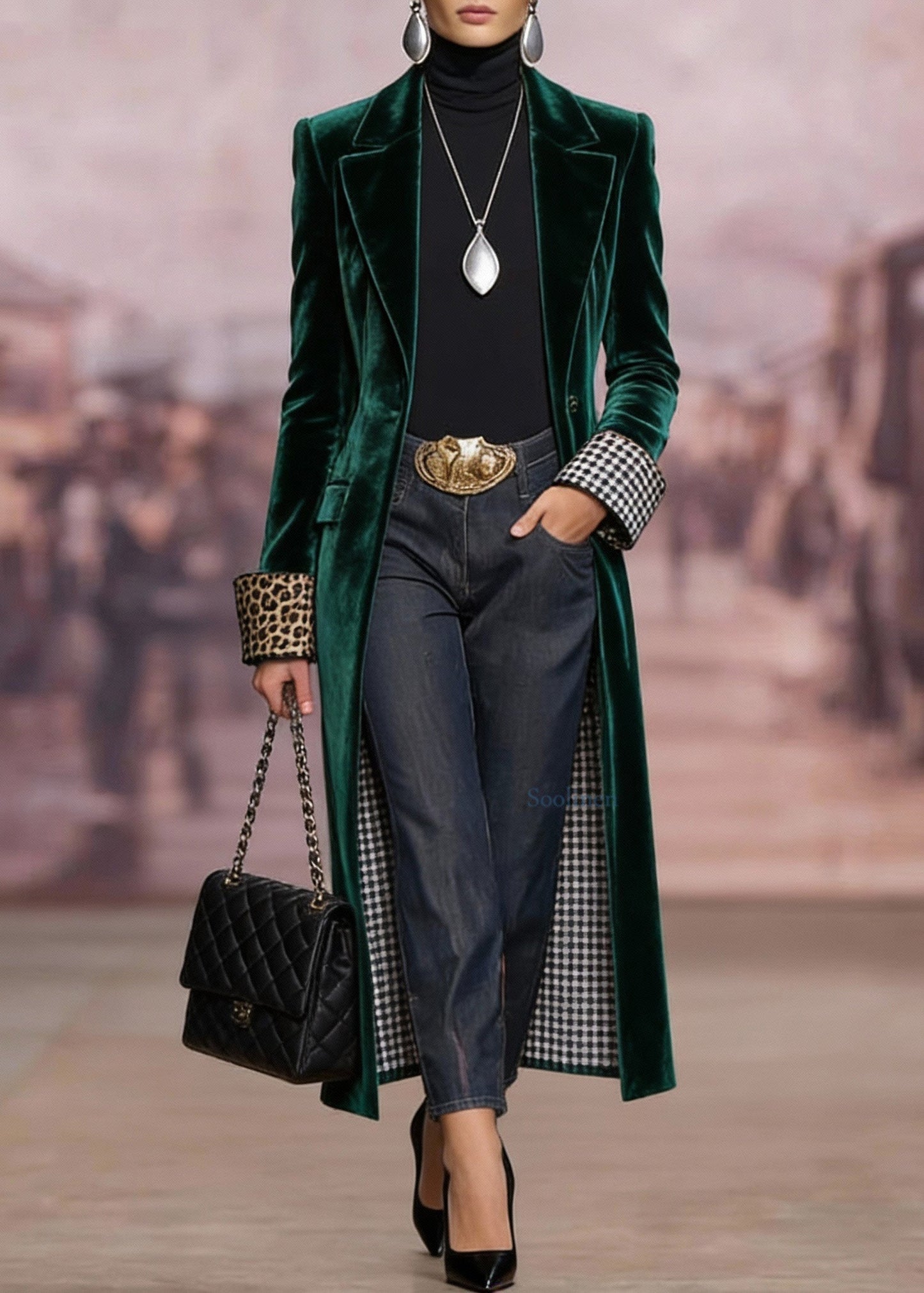 Women Green Peter Pan Collar Pockets Velvet Coat Spring