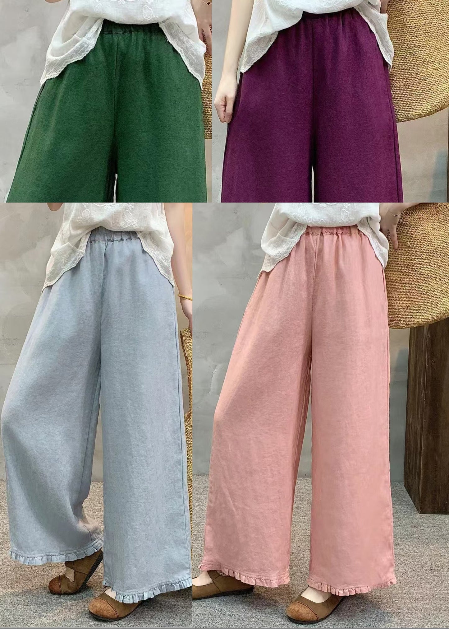 Women Green Ruffled Linen Wide Leg Pants Summer