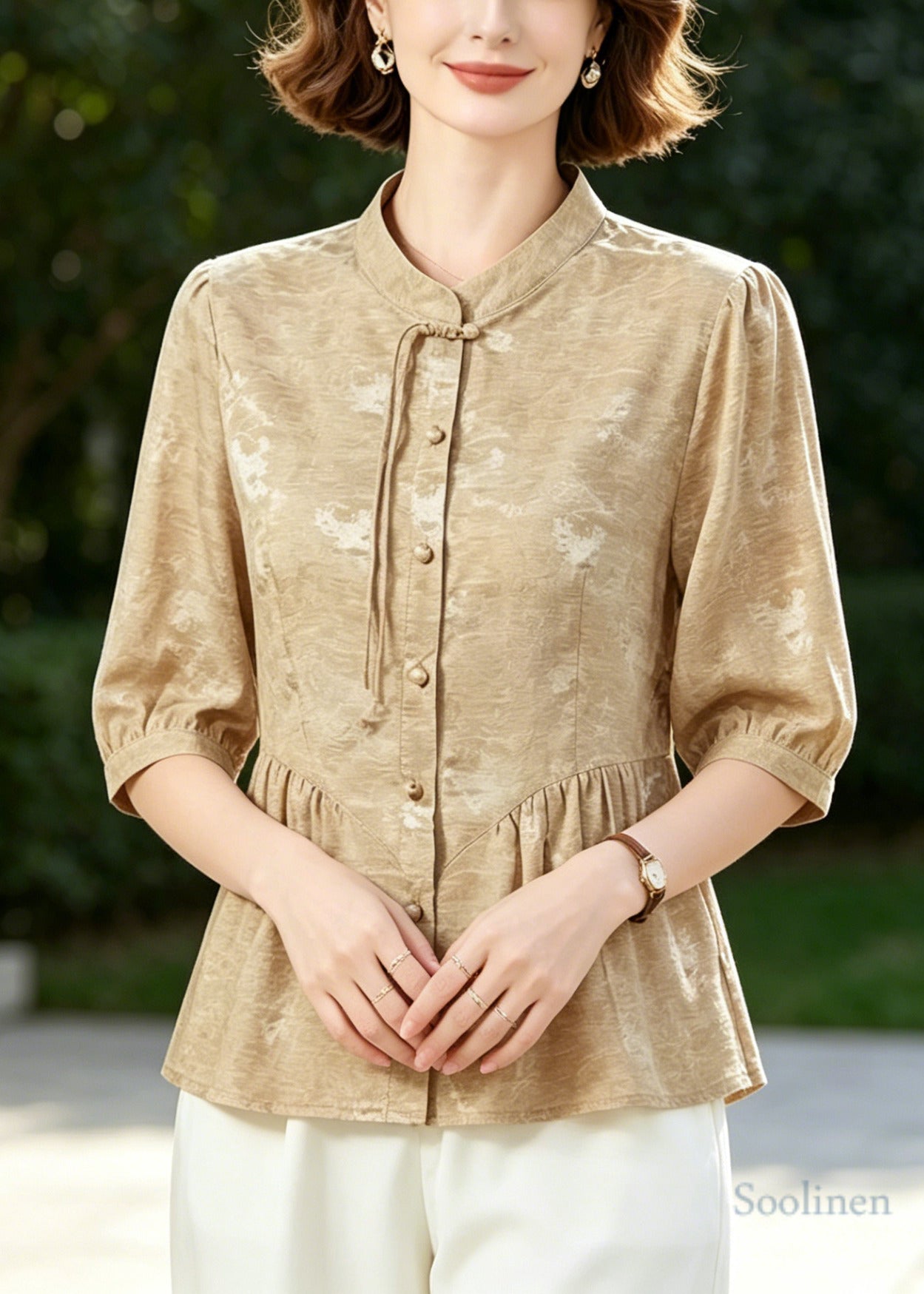 Women Khaki Tasseled Wrinkled Silk Blouse Tops Half Sleeve