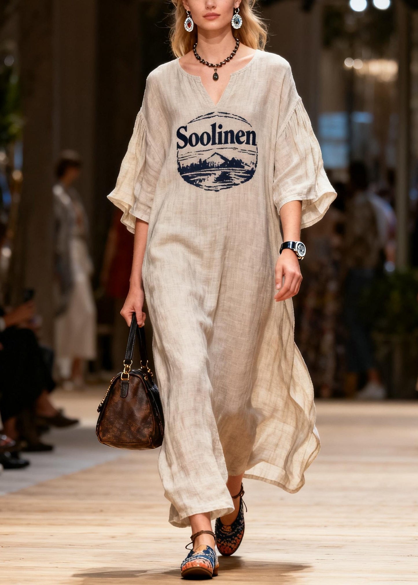 Women Oversized Print Linen Maxi Dresses Summer