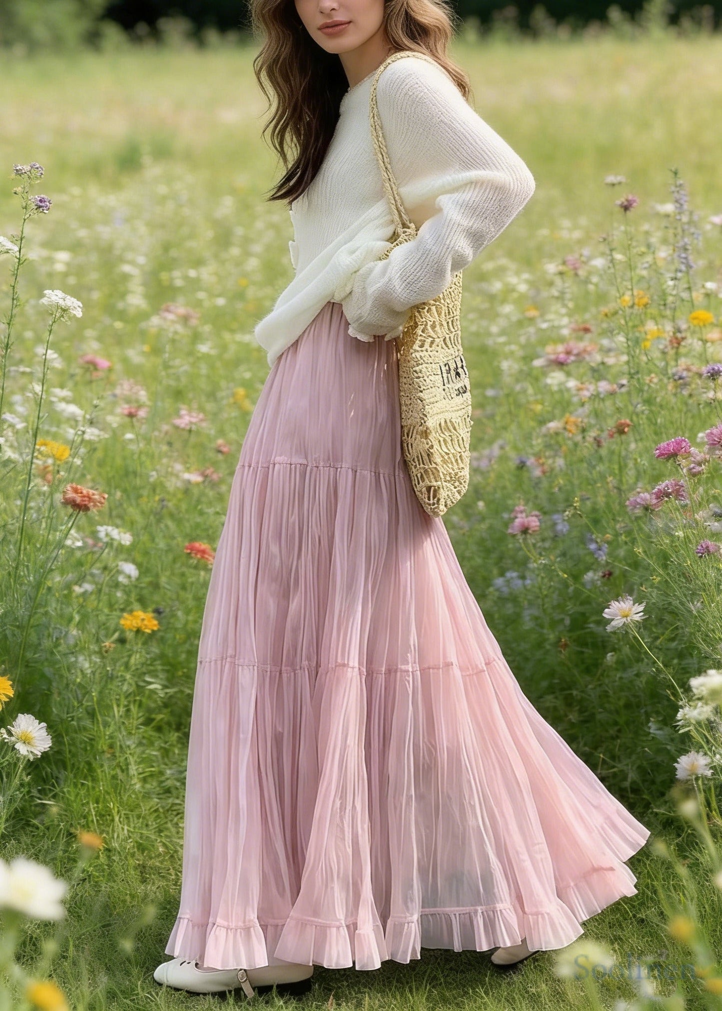 Women Pink Elastic Waist Exra Large Hem Tulle Skirts Spring