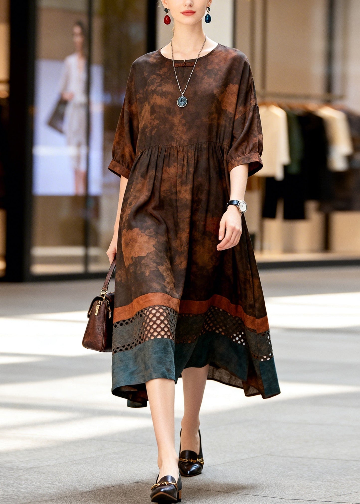 Women Print Hollow Out Patchwork Cotton Dress Summer