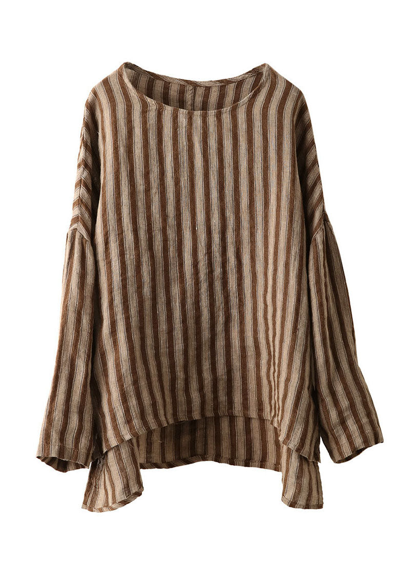 Women Red O Neck Striped Loose Linen Top Long Sleeve