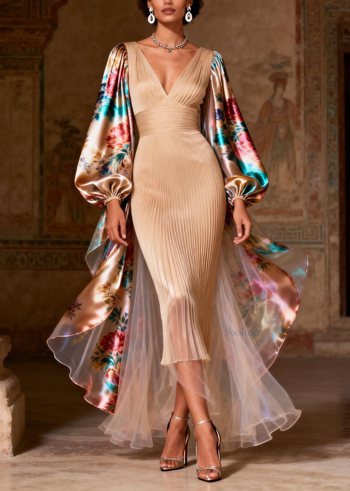 Women V Neck Print Patchwork Silk Long Dress Spring