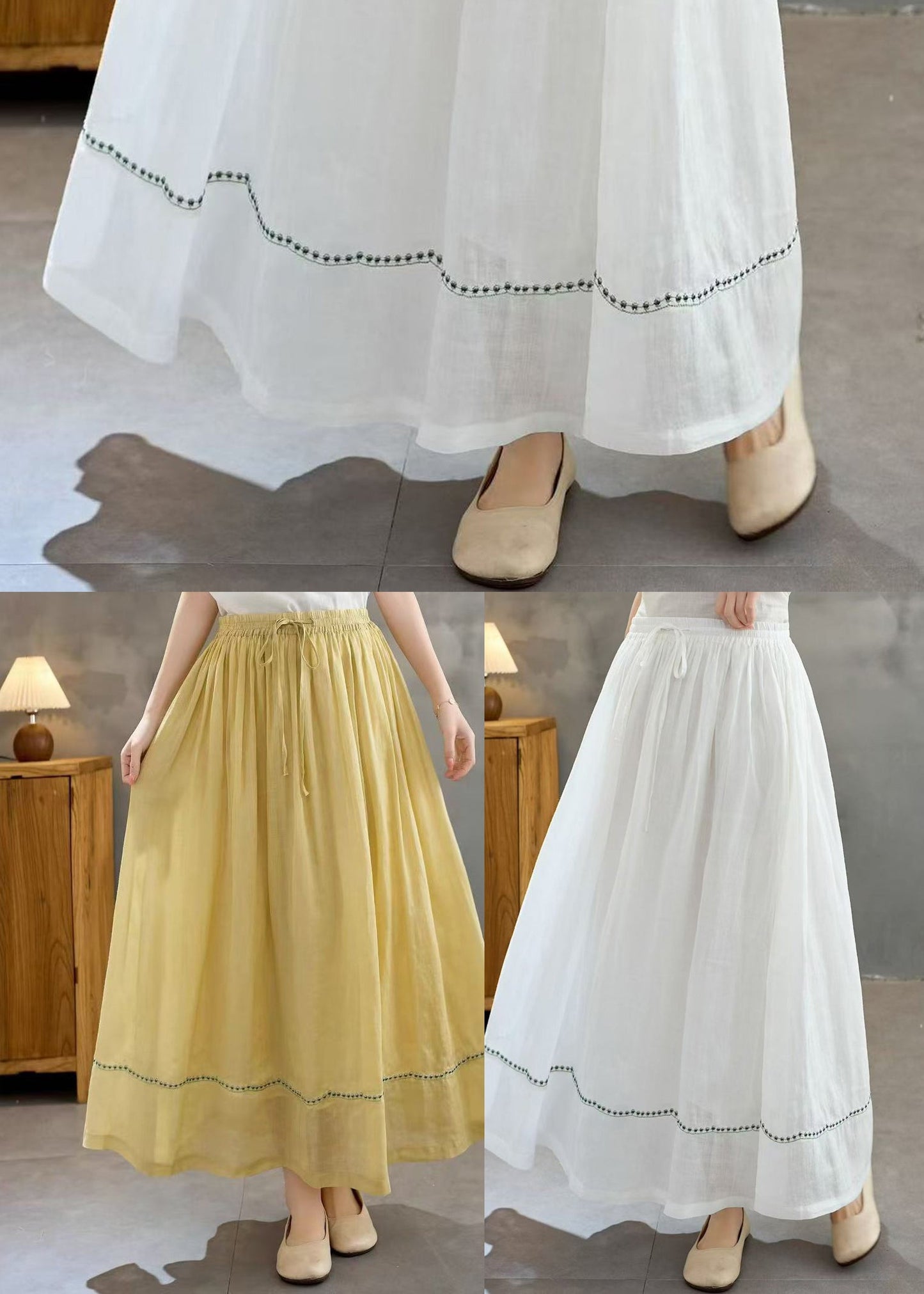 Women White Embroidered Linen A Line Skirts Summer