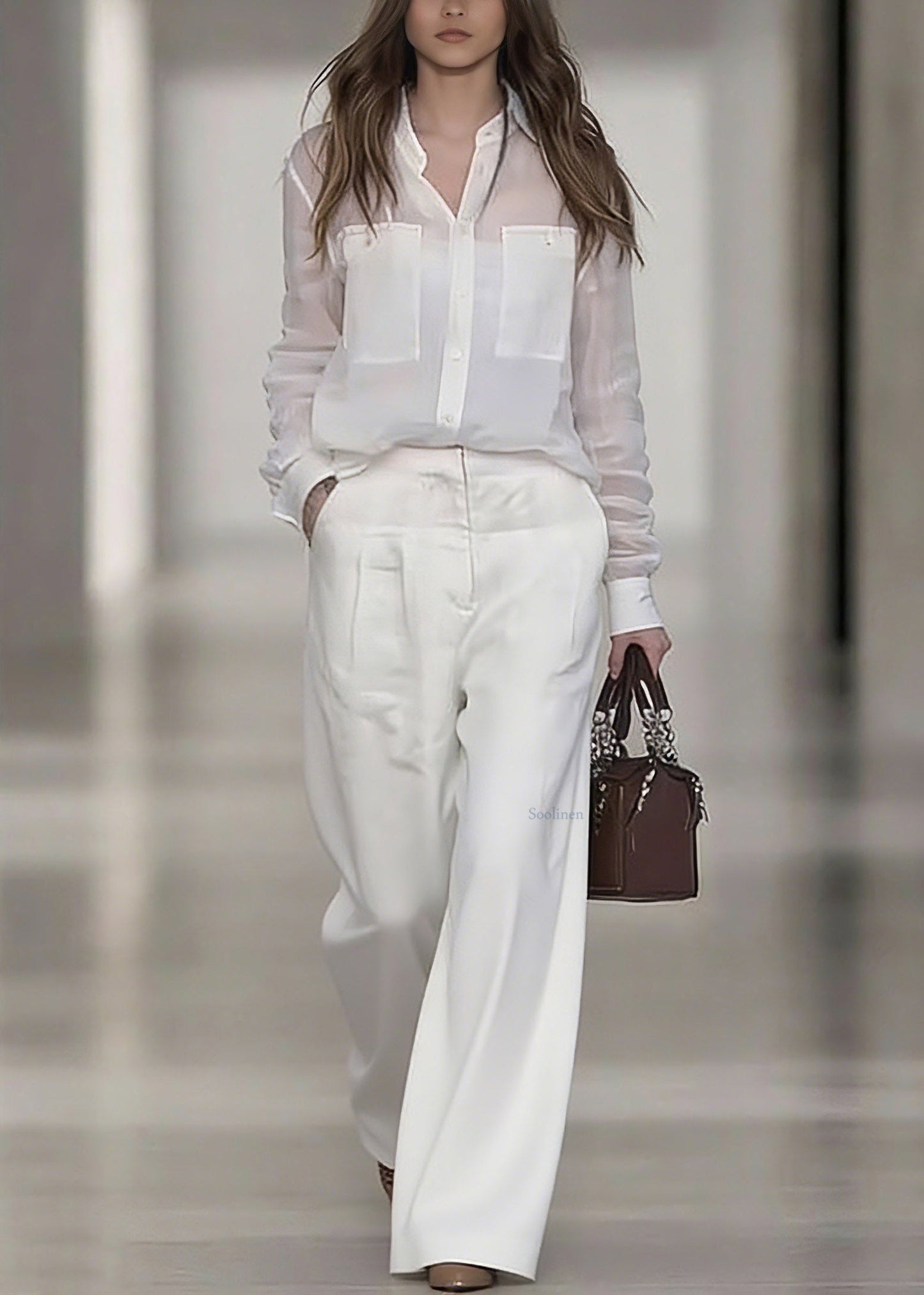 Women White Peter Pan Collar Linen Shirt And Wide Leg Pants Two Pieces Set Spring