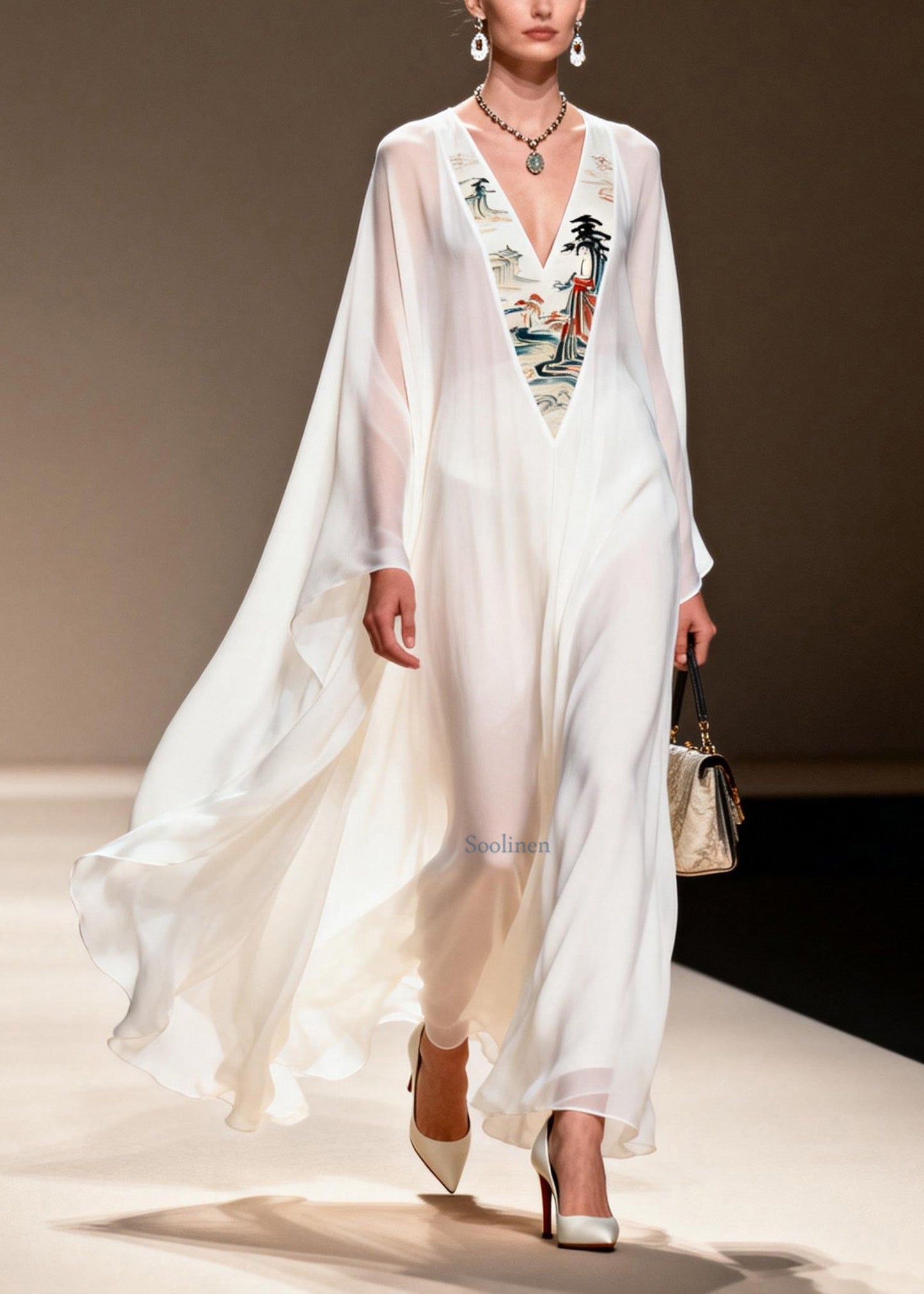 Women White V Neck Patchwork Chiffon Long Dresses Spring
