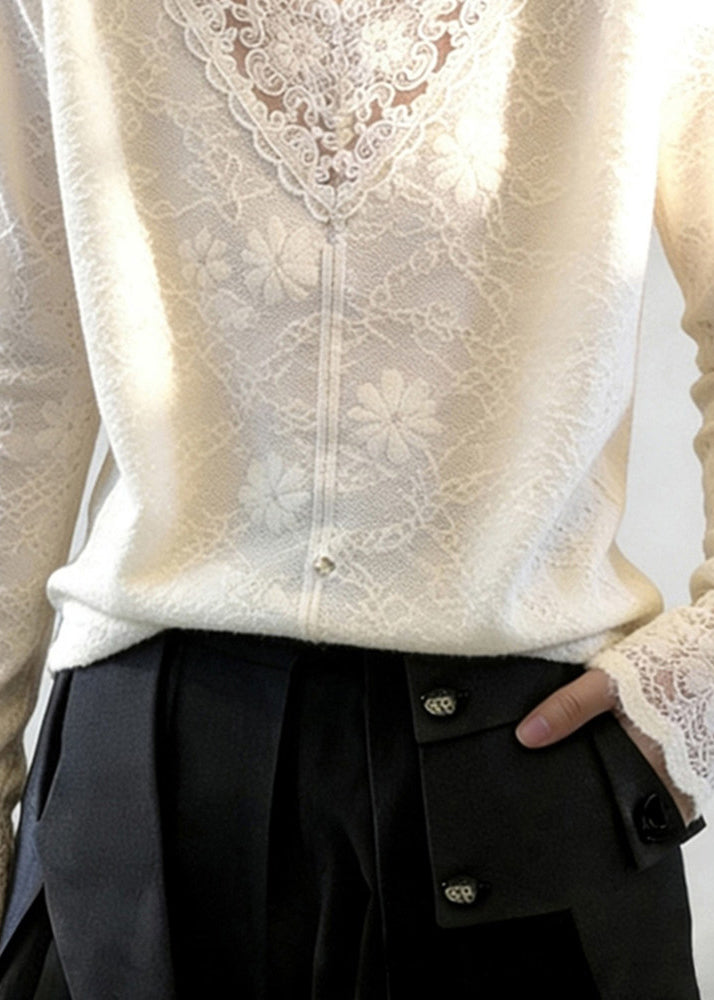 Women White V Neck Patchwork Jacquard Lace Shirt Tops Spring